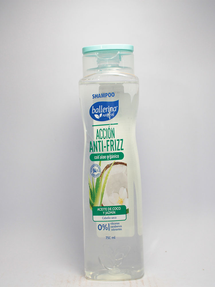 Shampoo Ballerina ANTI-FRIZZ 750 ml. Aroma Aceite de Coco y Jazmin, para cabello seco. Botella.